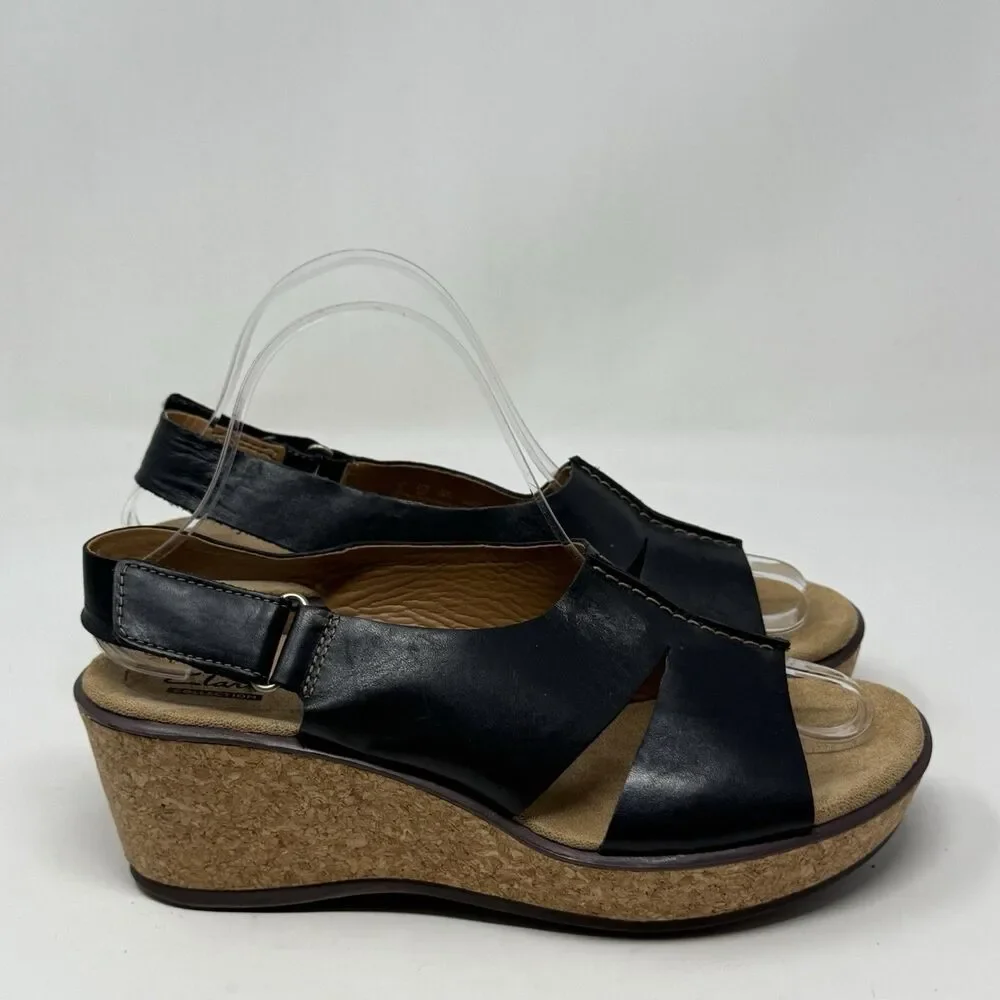 Clarks Rosemund Dune Platform Wedge Sandals Womens 8.5 Black Slingback Boho Chic
